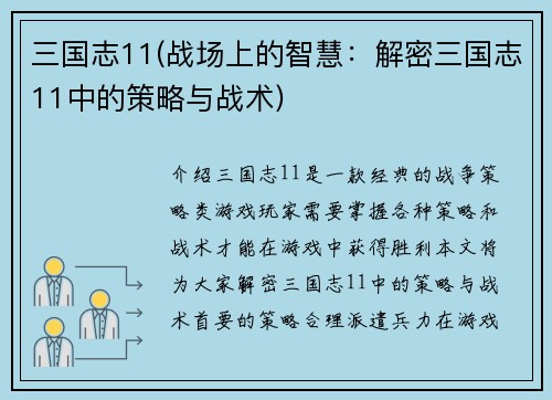 三国志11(战场上的智慧：解密三国志11中的策略与战术)